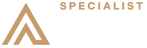 Logo for Specialist Height Access, featuring a gold mountain-shaped icon and white text on a black background.