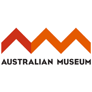 Logo for the Australian Museum featuring abstract orange and gray shapes with the museums name in black text.