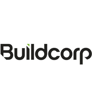 Logo for Buildcorp, featuring the company name in bold, black lettering with a green gear incorporated into the i.