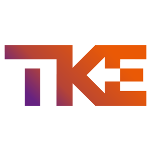 Abstract geometric design with purple and orange gradient, featuring block shapes and an arrow.