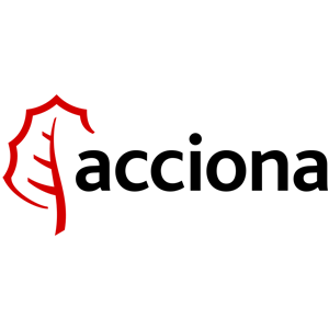 Logo for the Spanish infrastructure and renewable energy company, Acciona, featuring a red shield-like symbol and black text.