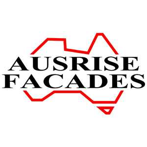 Logo for Ausrise Facades, featuring the company name in bold black text with a red outline of Australia above it.
