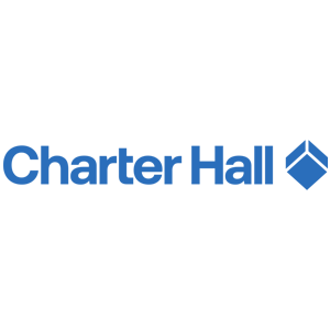 Logo for Charter Hall, featuring blue text and a geometric diamond shape.