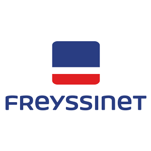 Logo for Freyssinet, featuring a blue square above a red rectangle and the company name in dark blue text.