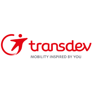 Logo for Transdev, a multinational transportation company, featuring a red figure in motion and the company name with the tagline Mobility inspired by you.