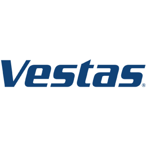 Logo for Vestas, a wind turbine manufacturer, featuring the company name in blue stylized text.
