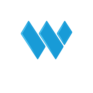 A blue, geometric logo resembling the letter W.