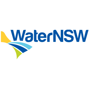 Logo for WaterNSW, a New South Wales, Australia water utility, featuring a wave-like design and blue text.