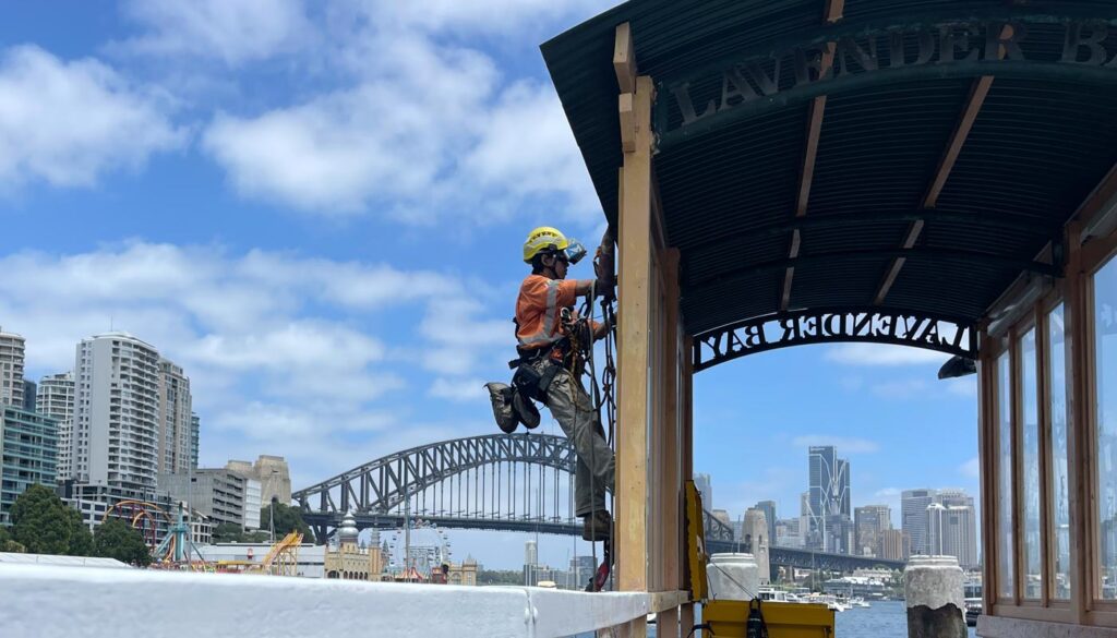 A construction worker wearing safety gear is working on a building with the Sydney Harbour Bridge in the background.