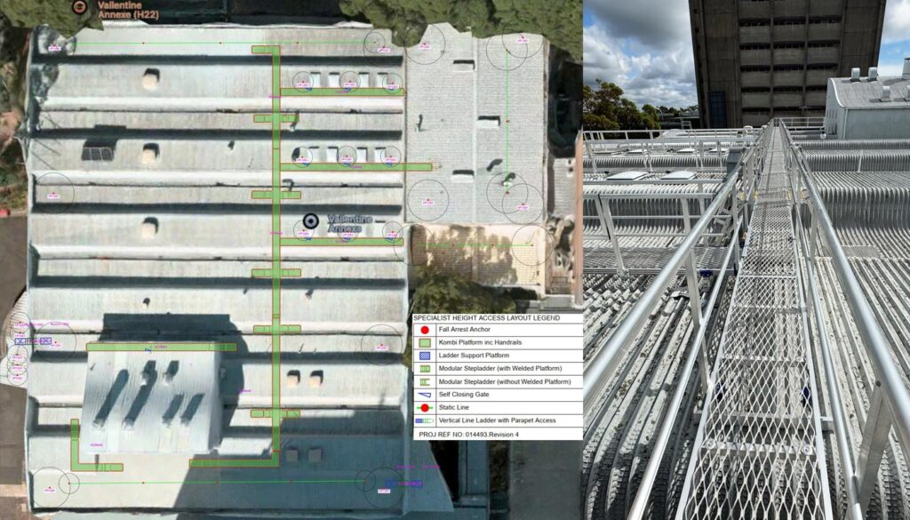 Overhead view of a building with marked access points and a legend explaining the symbols.