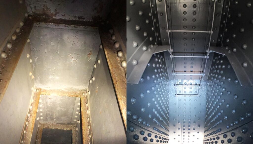Side-by-side comparison of a corroded metal structure and the same structure after cleaning/restoration.